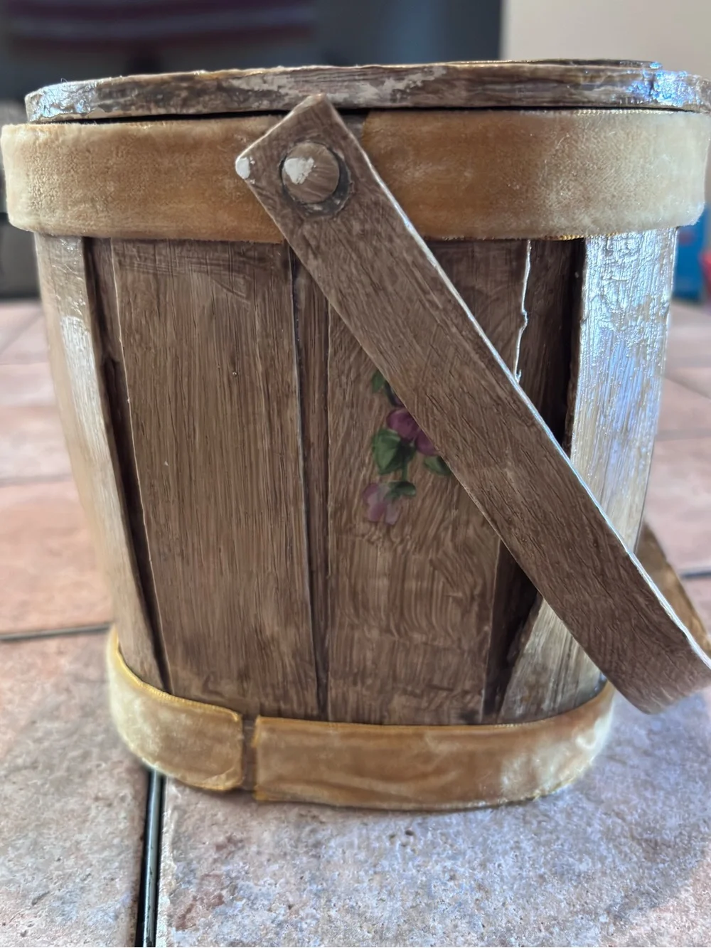 Vintage Wooden Basket Box with Handle | Floral Motifs Monogram Distressed Finish